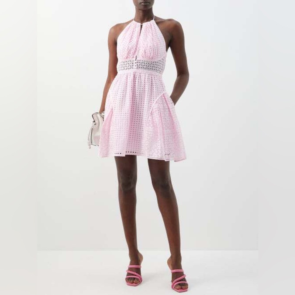 Self Portrait Light Pink Cotton Broderie Anglaise Mini Dress